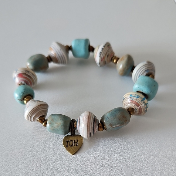 Trades Of Hope Jewelry - Turquoise and Cream Beaded Bracelet with Gold Charm